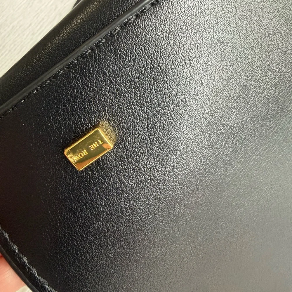 The Row Margaux Inspired Black Leather Drawstring Pouch with Gold Accents - Picture 14 of 14